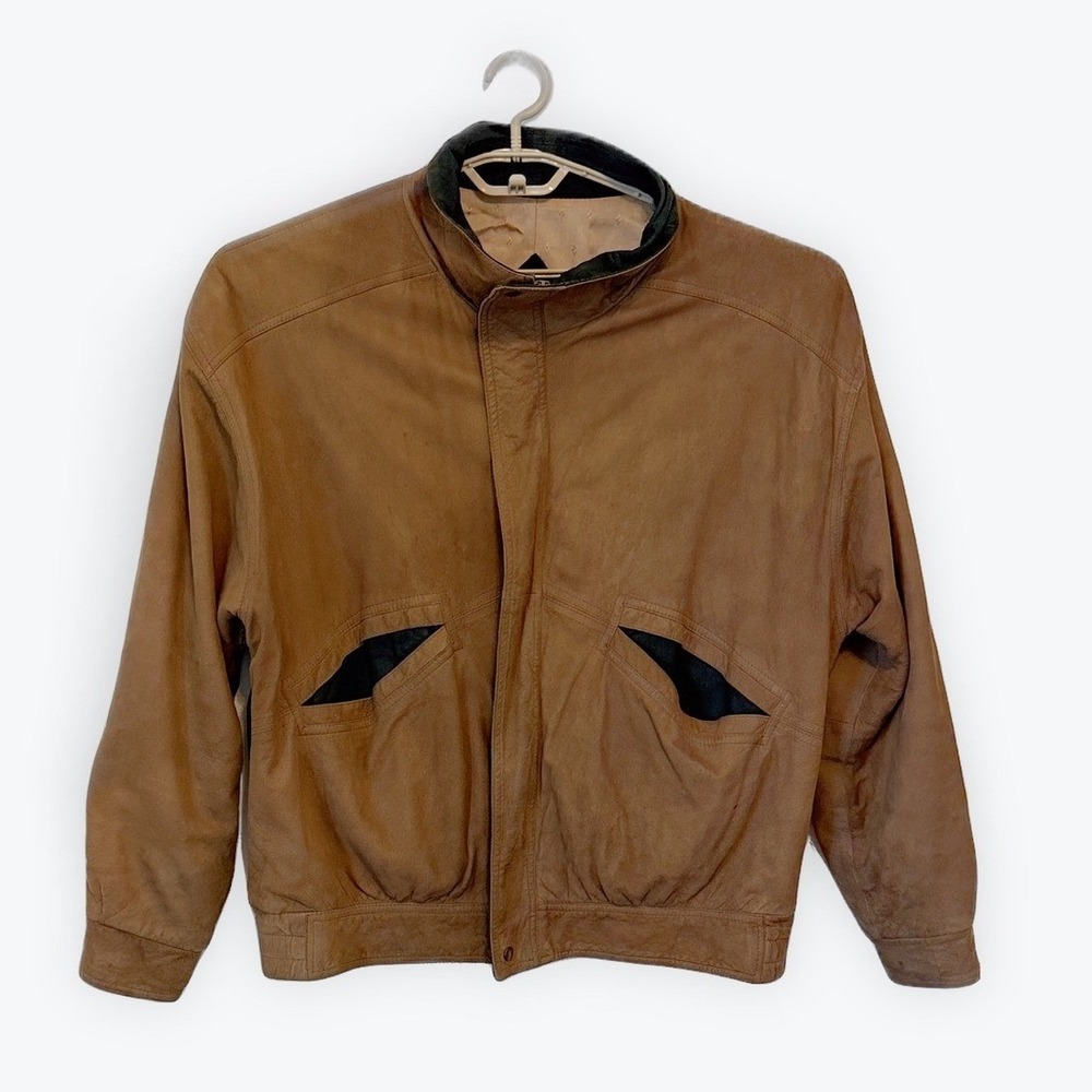 Remy Leather Bomber Jacket Mens 42 Tan Nubuck Green Trim Made in USA Vintage